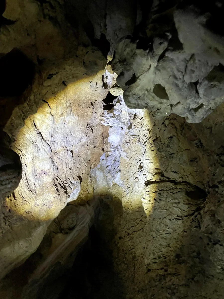 Illuminated solutional cave wall with carbonate coating