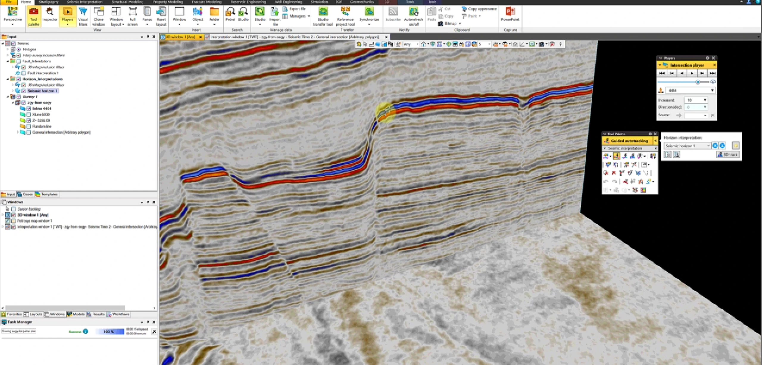 Intersecting seismic sections with interpreted horizons in 3D