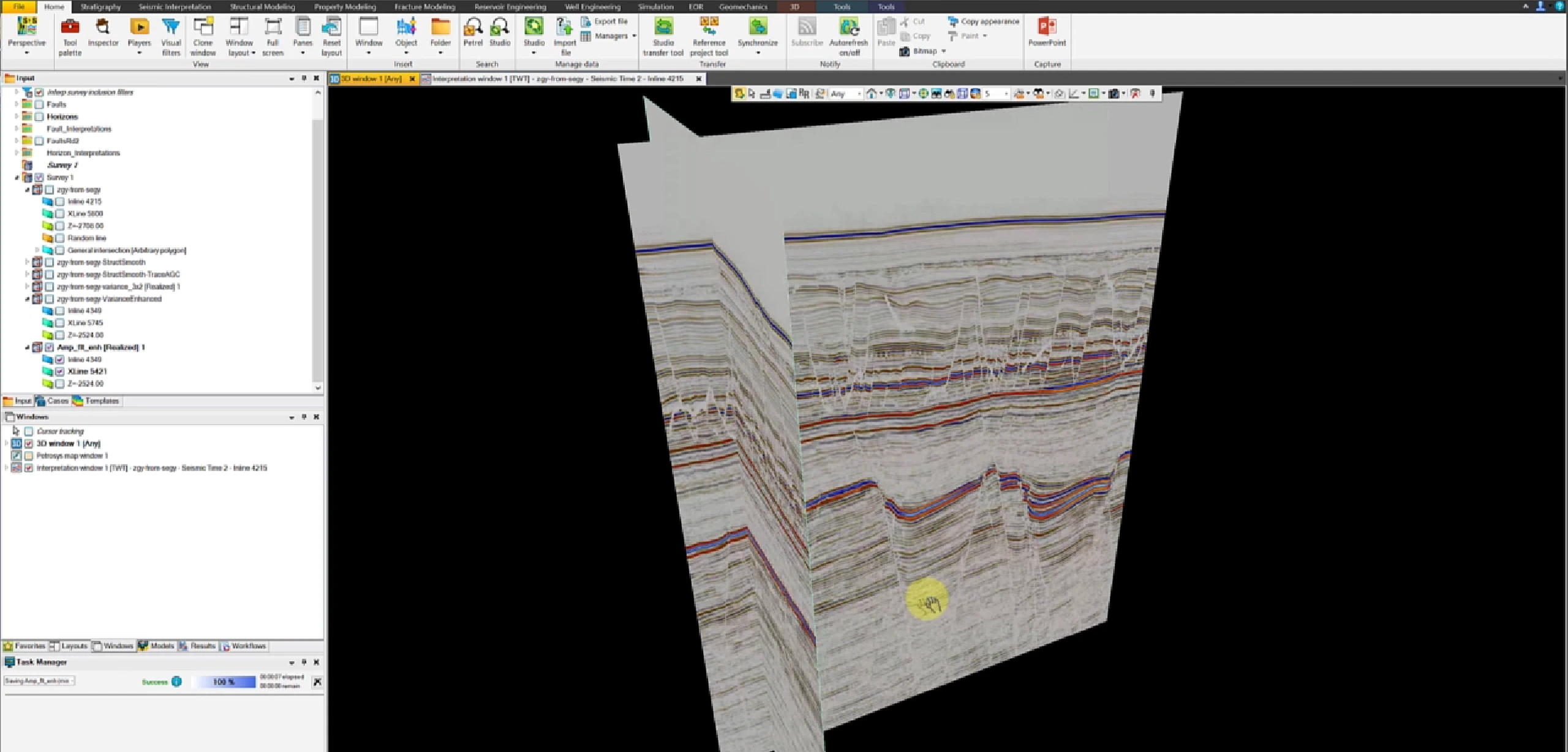 Multi-panel seismic intersection for horizon tie checking
