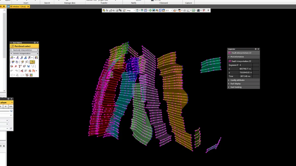 Colour-coded fault surfaces from interpreted fault sticks