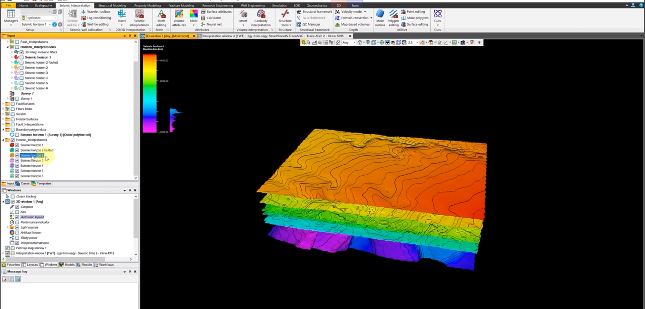 Stacked horizon surfaces with colour-coded stratigraphic order